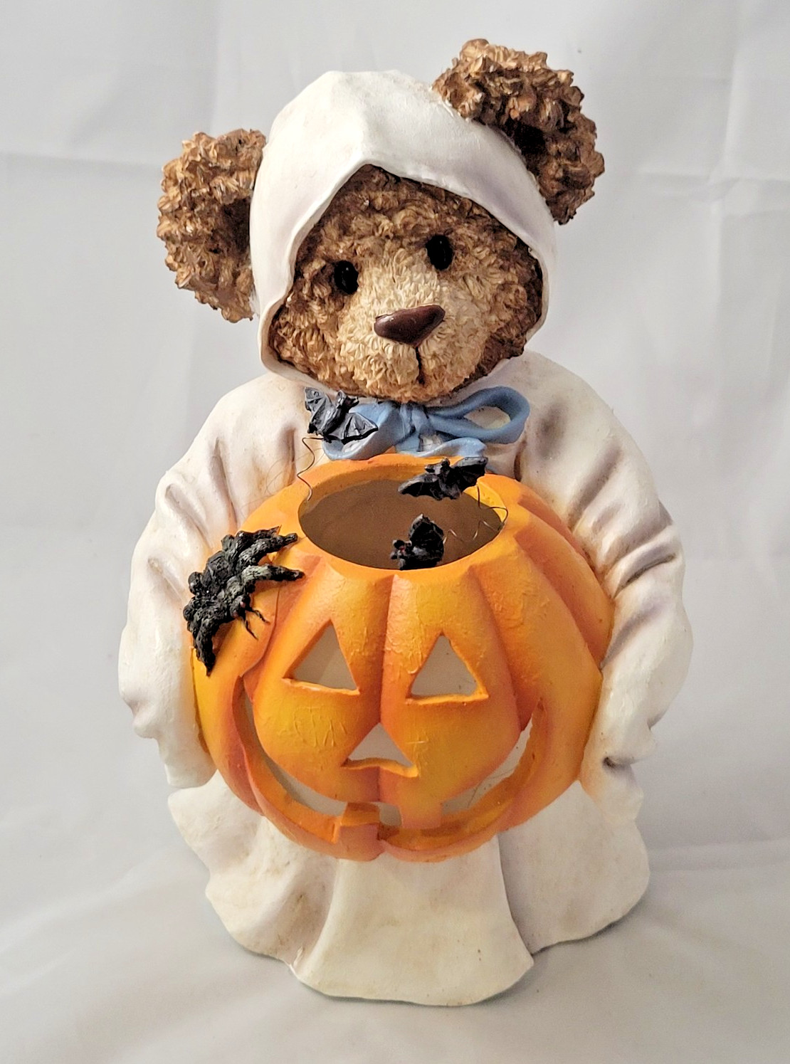 Vintage Resin Halloween Teddy Bear Ghost w/ Jack-O-Lantern & Bats No Light Cute