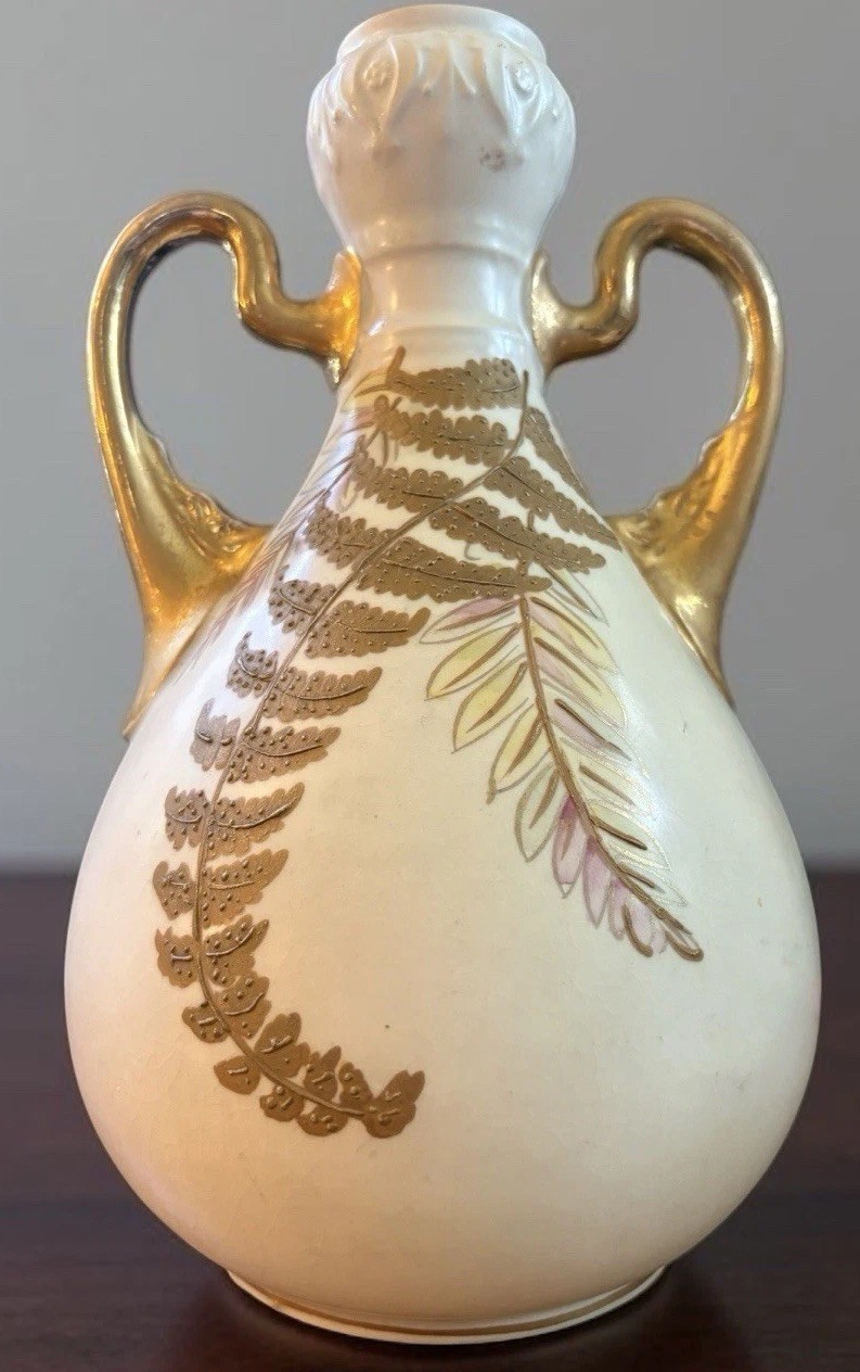 Royal Worcester 19th Century Double Handled VASE Blush Ivory/gold Ferns 9.5 Inch