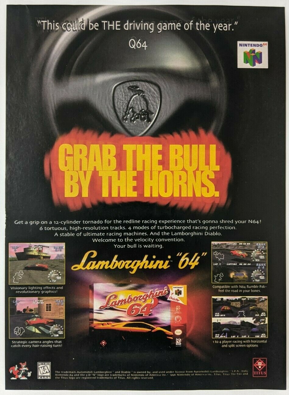 Lamborghini 64 Print Ad Game Poster Art PROMO Original Nintendo N64 Advert