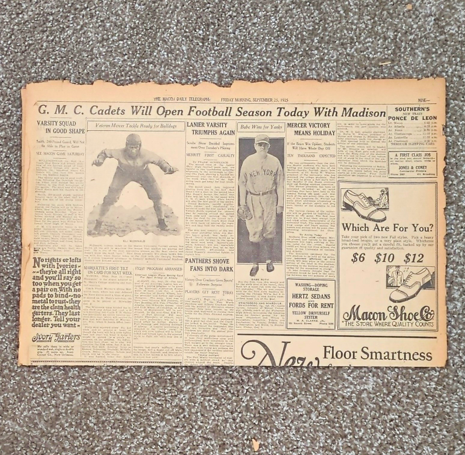 1925 Babe Ruth Original Newspaper Page Yankees Photo Babe Wins for Yanks Vintage
