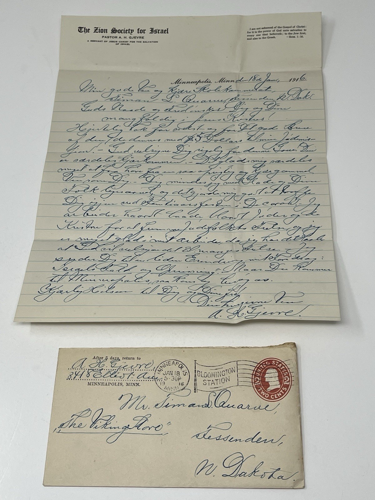 1916 Zion Society for Israel Letter Judaica Missionary Cover Bloomington Station