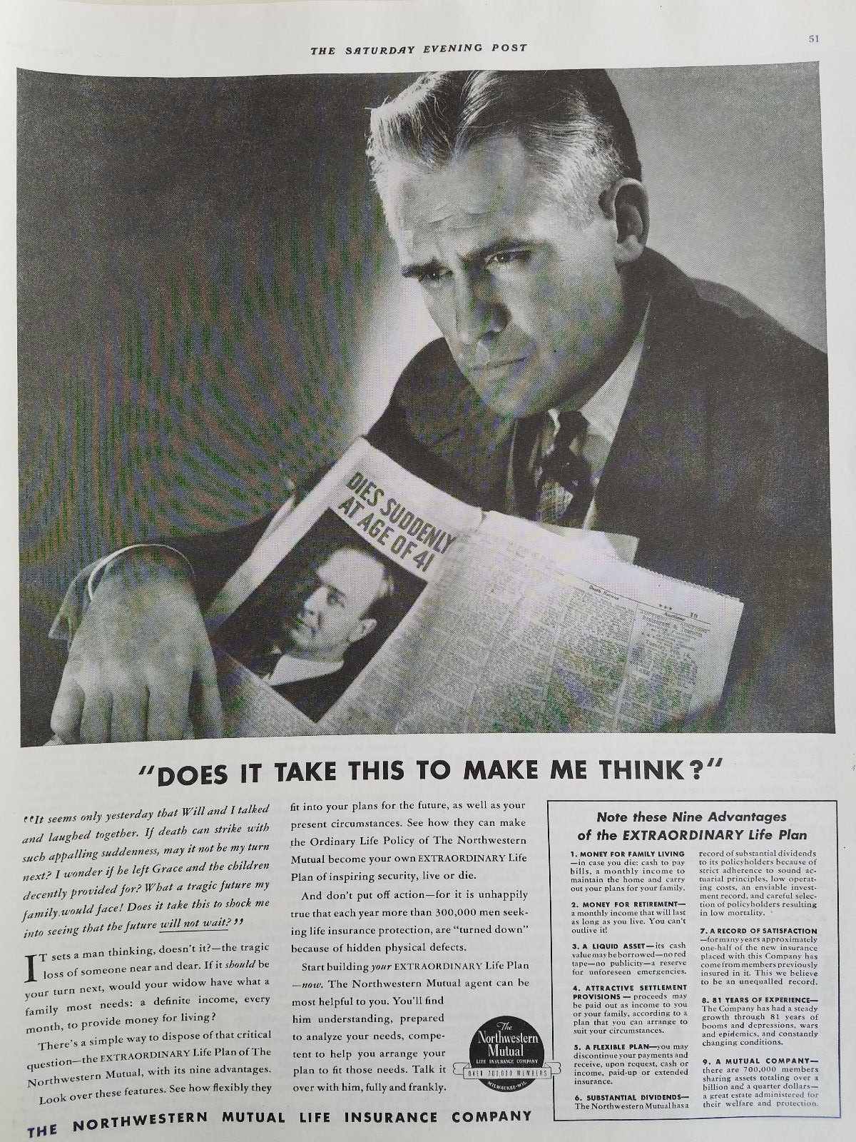 1939 Northwestern Mutual Insurance Dies Suddenly at Age 41 Makes Me Think Ad