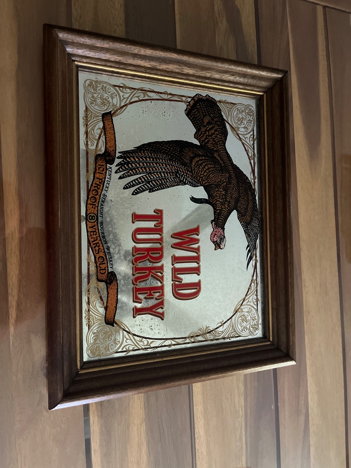 Vintage Wild Turkey Bourbon Whiskey Bar Mirror 101 Proof 8 Years Aged Wood Frame