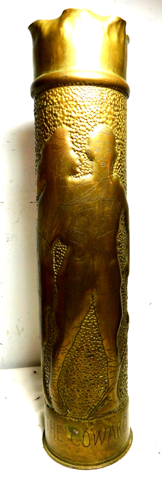 Rare WW1 Trench Art 75mm Shell/ Repousse Full Figure Soldier w Medals/The Coward