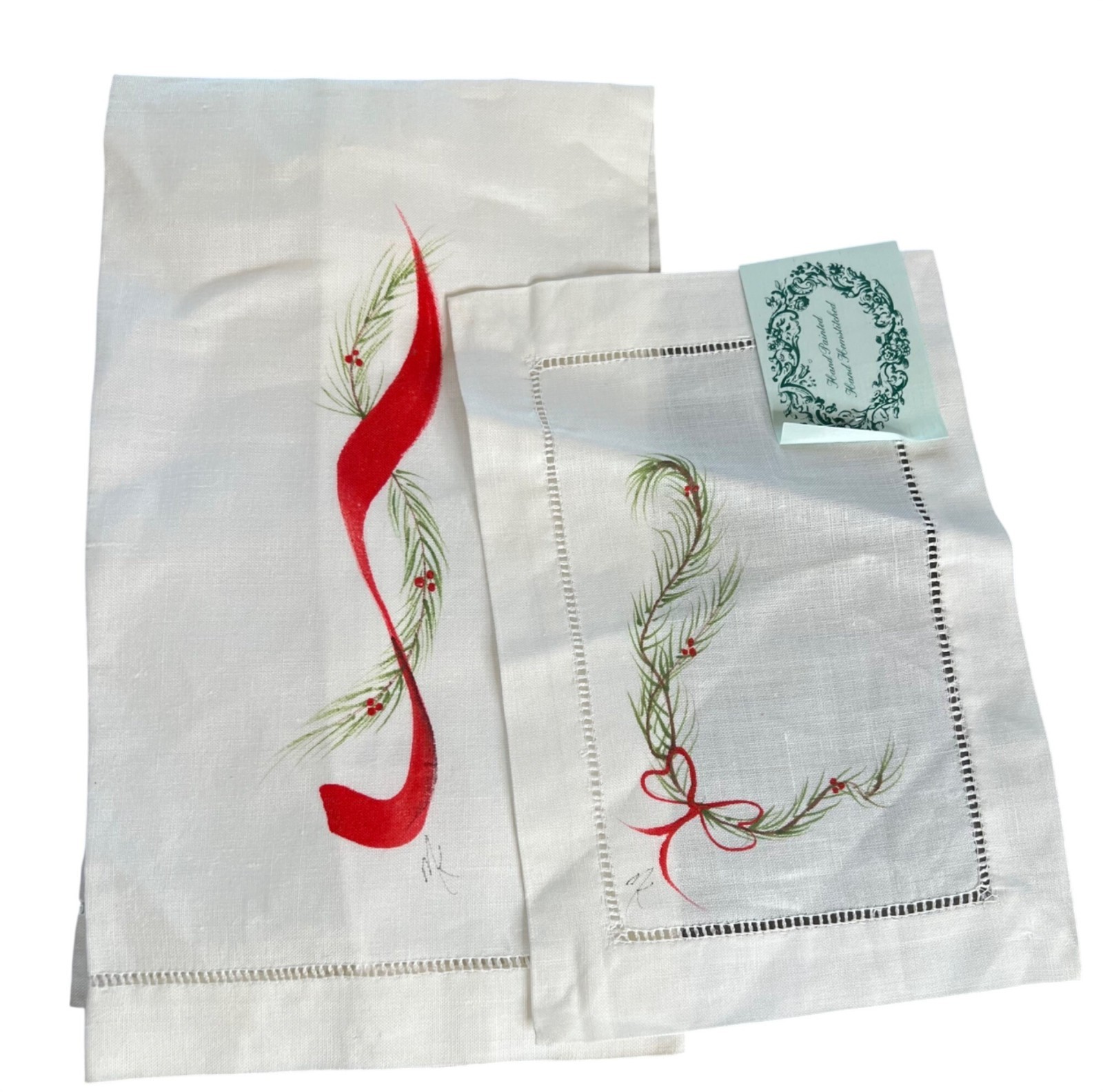 NEW Hand-Painted Holiday Linen Guest Towels Hemstitch Design unique holly nwt