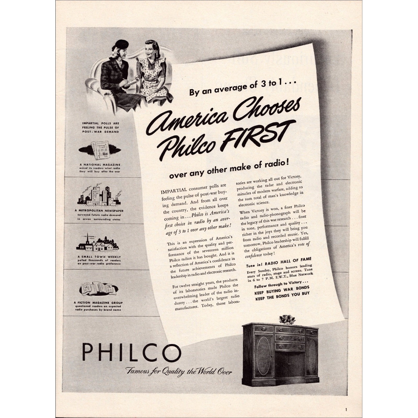 1945 Philco Radios Original World War 2 Vintage Print Ad