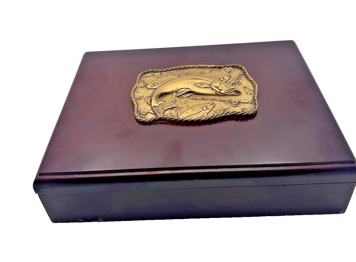 Vintage Large Wooden Box with Fish Motif Plaque - Dark Mahogany Finish