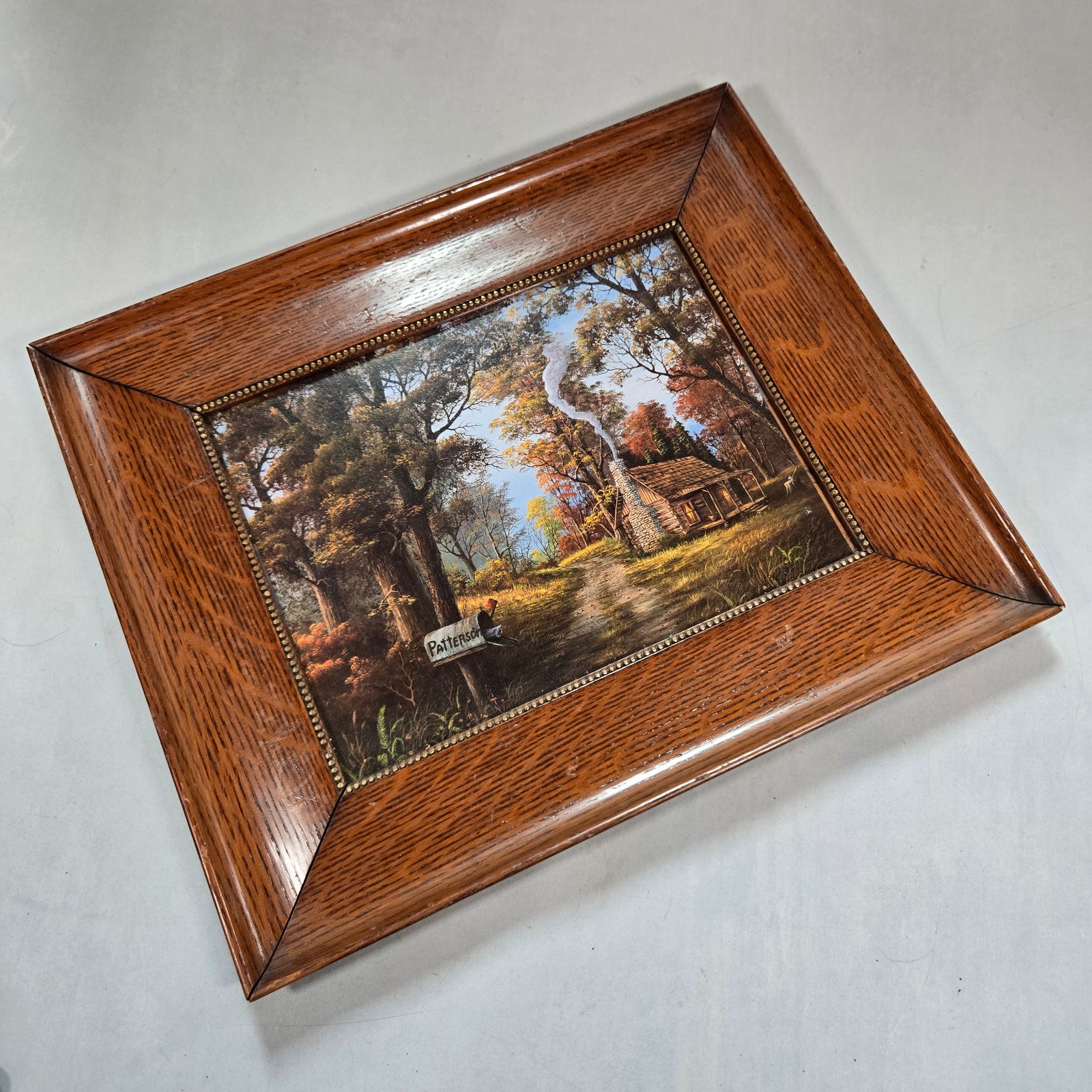 Antique Quartersawn Oak Picture Frame Gilded Bead Trim Autumn Cabin Print 15x12