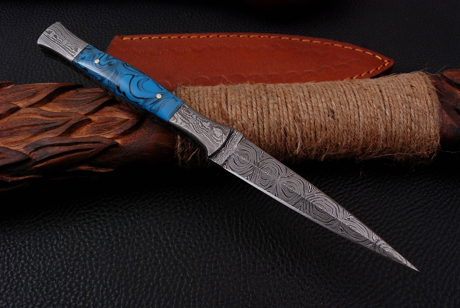 DAMASCUS KNIFE HUNTING SURVIVAL CAMPING DOUBLE EDGED FISHING KNIFE FULL TANG PRO
