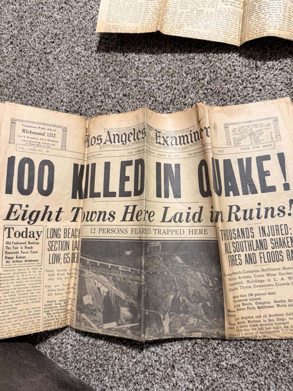 Los Angeles Examiner — March 11, 1933 — “100 KILLED IN QUAKE”  Newspaper