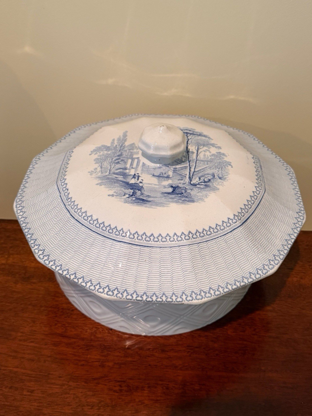 Antique Staffordshire Tureen/Setving with Lid Blue and White Transferware 19th C