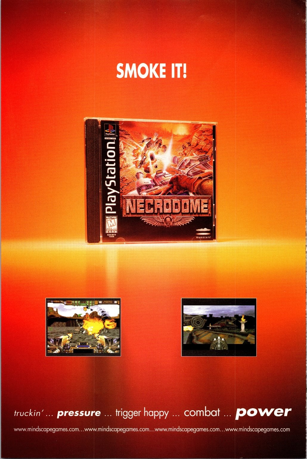 PlayStation Necrodome 1996 Vintage Magazine Ad PS1 Gaming Retro Orange Red