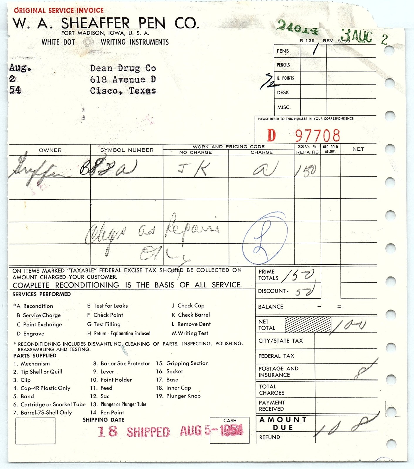 1954 Sheaffer Pen Co. Service Invoice - Fort Madison, Iowa