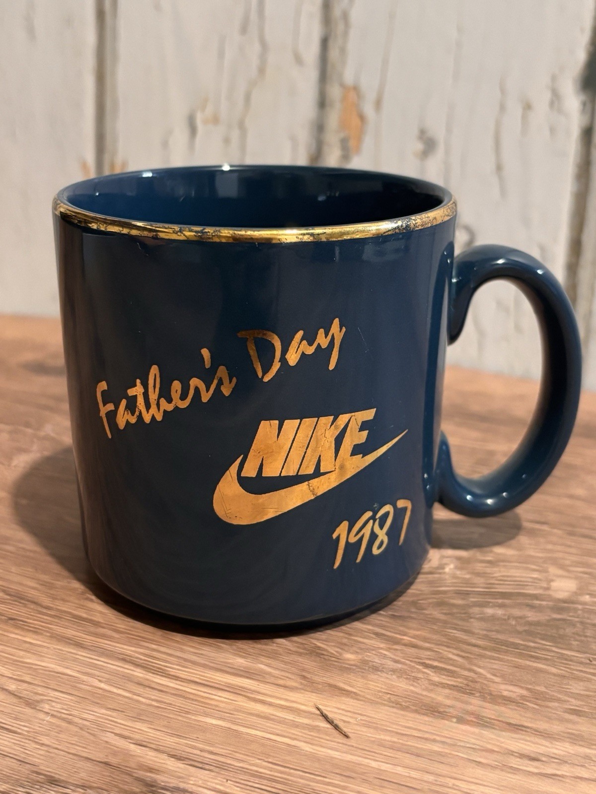 RARE  1987 Nike Fathers Day Coffee Mug Cobalt Blue Gold Swoosh Employee Promo