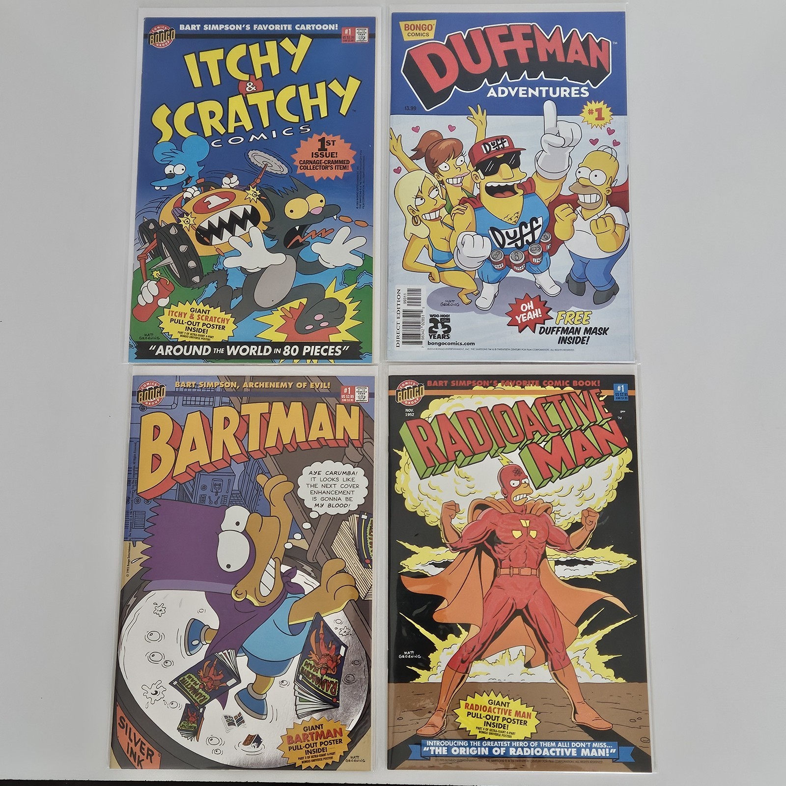 Simpsons Bongo Comics Lot Of 4 Radioactive Man #1 Bartman #1 Foil Duffman Itchy