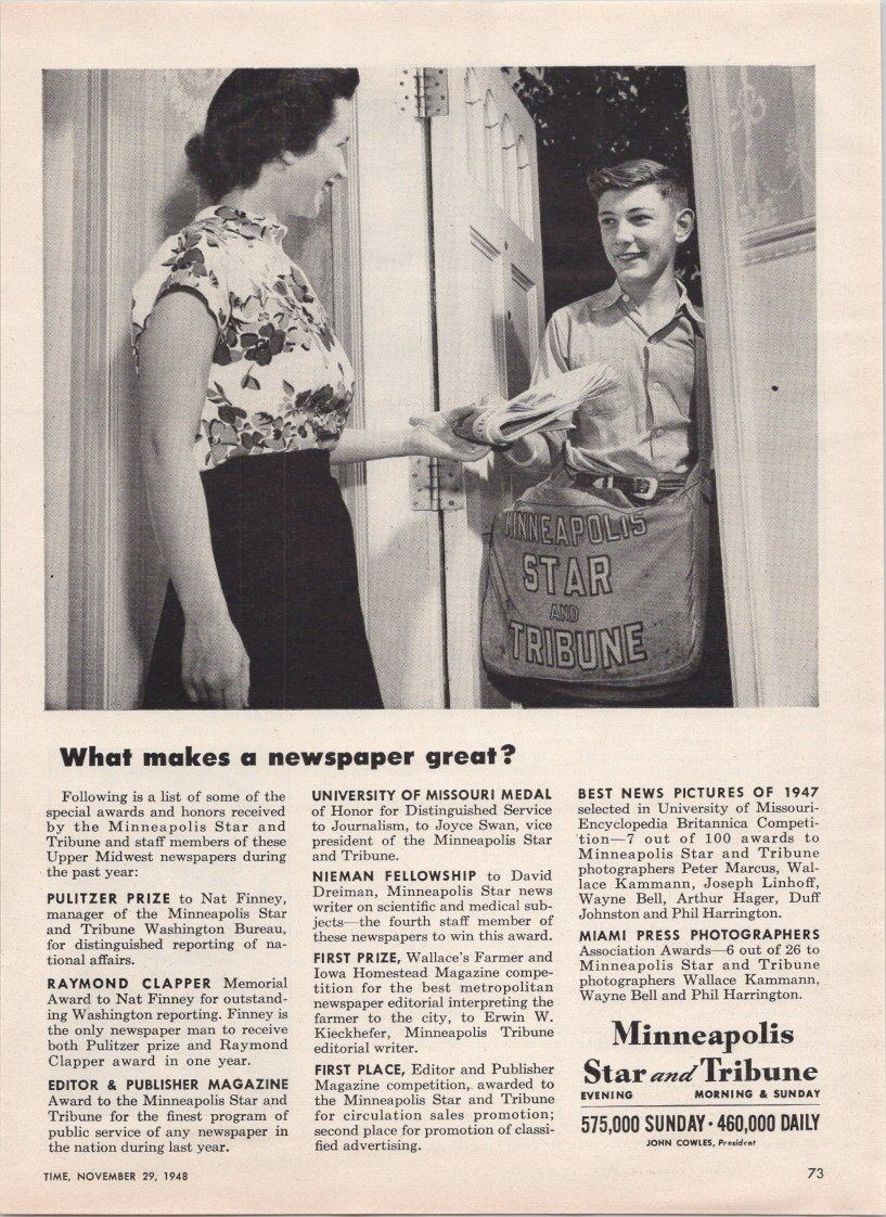 Minneapolis Star and Tribune 1948 Vintage Print Ad Newspaper Awards