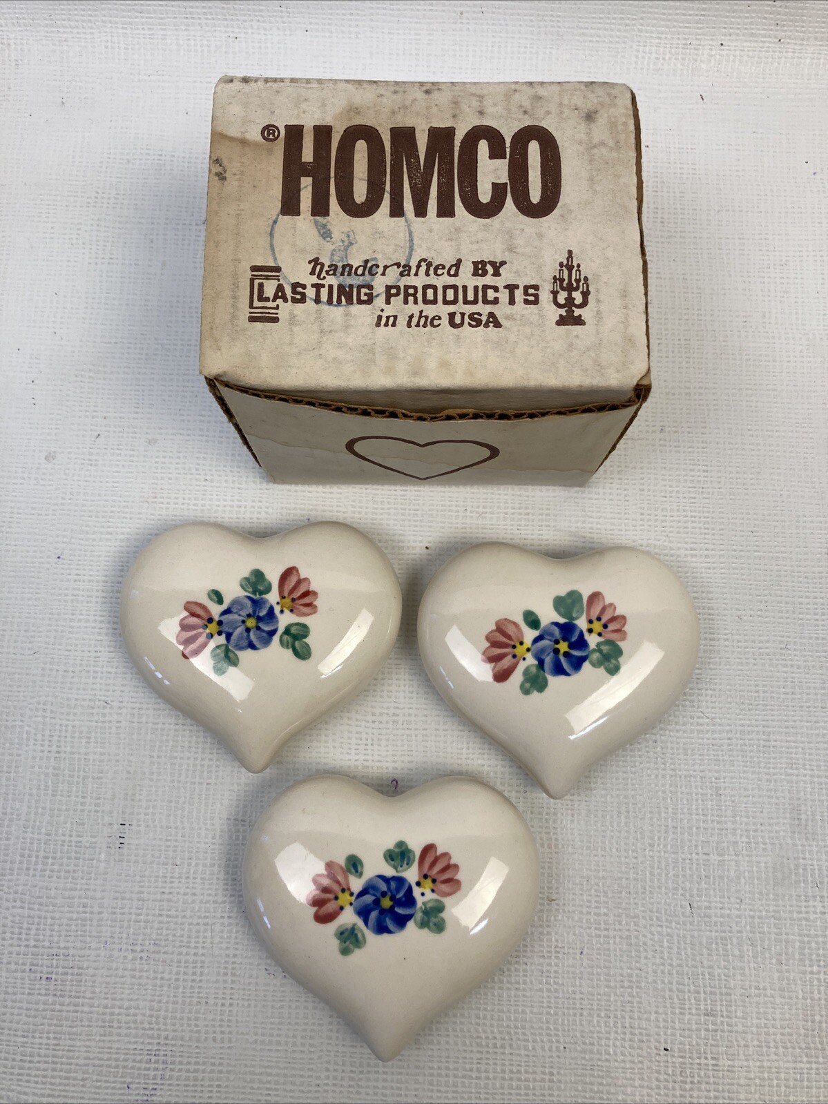Vtg Homco 1216-BL 3 PORCELAIN FLORAL HEARTS Lasting Products Hand Painted 3.25x3