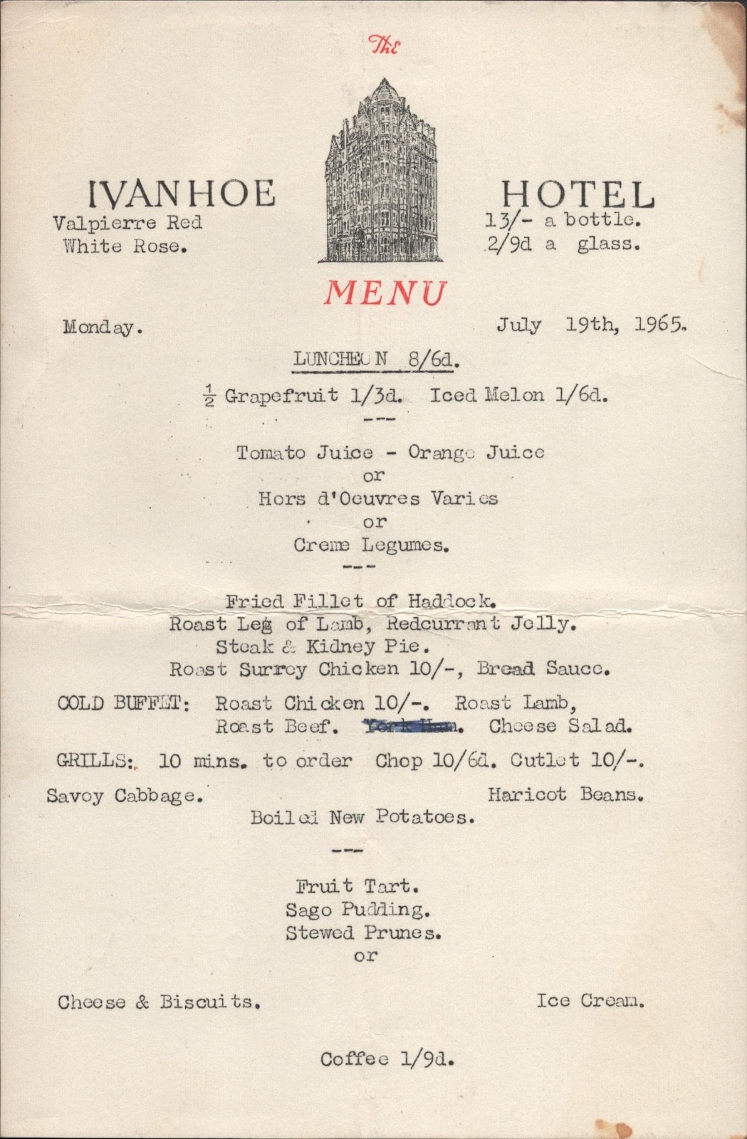 1965 THE IVANHOE HOTEL vintage lunch and dinner menu LONDON, ENGLAND, U.K.