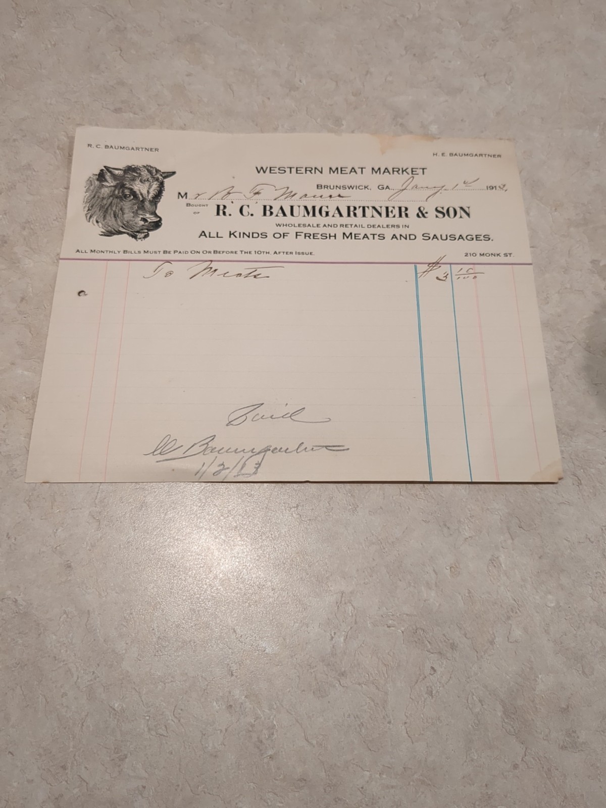 RC Baumgartner Western Meat Market Brunswick Georgia Billhead Invoice 1913 