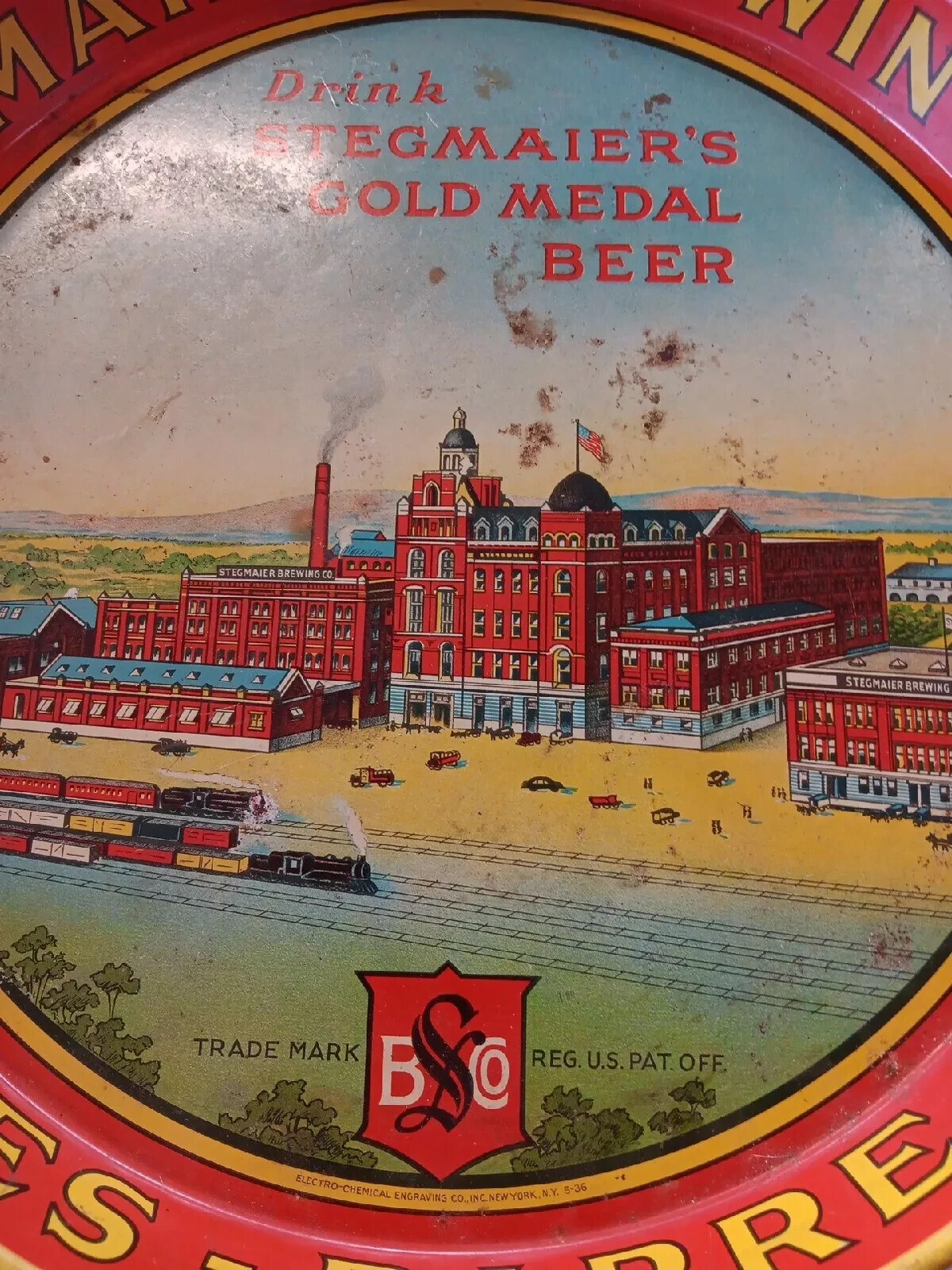 Stegmaier Brewery Gold Medal Beer 1936 Vintage Metal Serving Tray 12