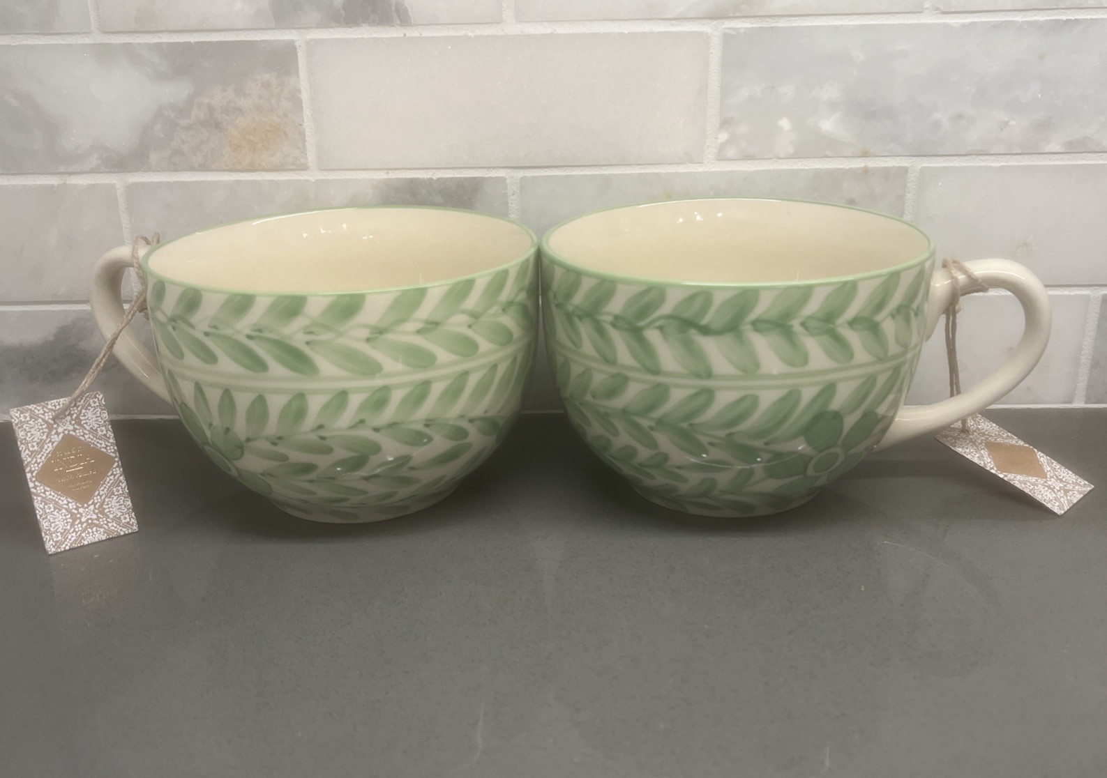 NEW-Viral India Green Vine Floral Oversized Mugs X 2 Hand painted