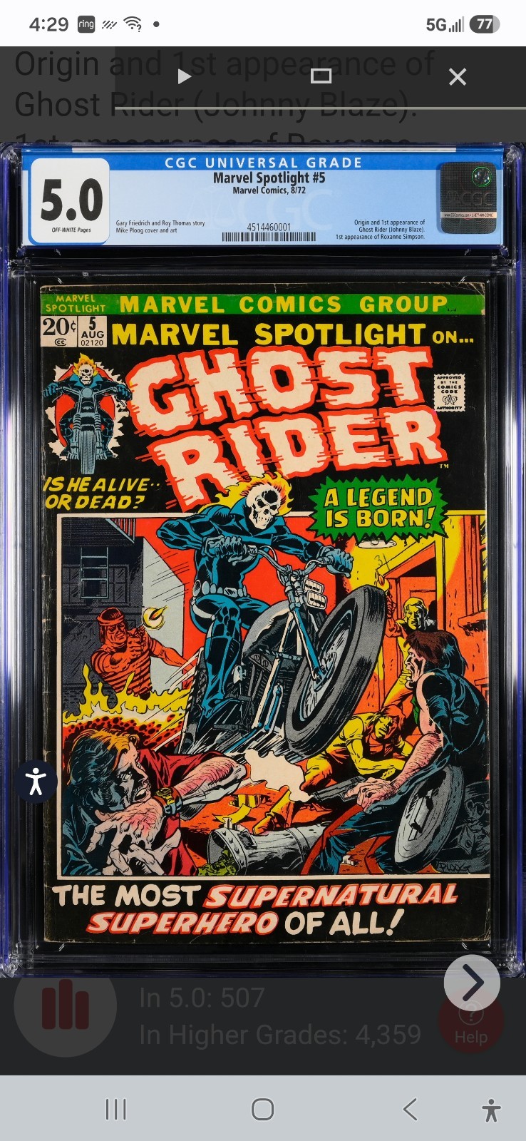 MARVEL SPOTLIGHT #5. FIRST APPEARANCE GHOST RIDER CGC 5.0.HOT BOOKGREAT PRICE