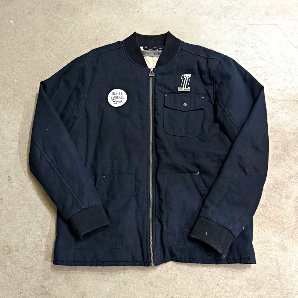 Harley-Davidson Black Zip Front Jacket with Patches & Quilted Lining
