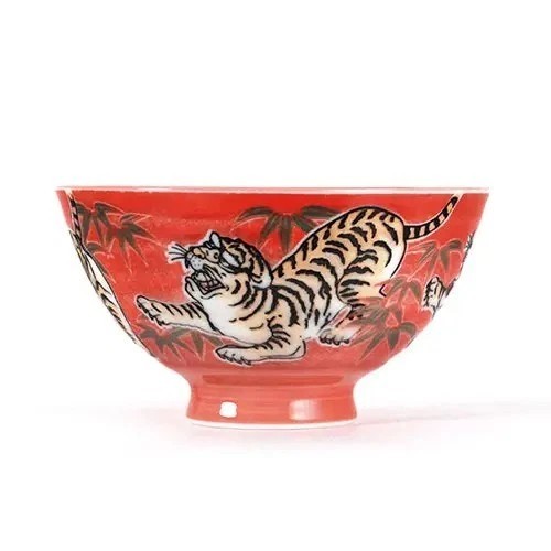 Mino ware Japanese Ceramics Rice Bowl Roaring Tiger Red, Made In Japan