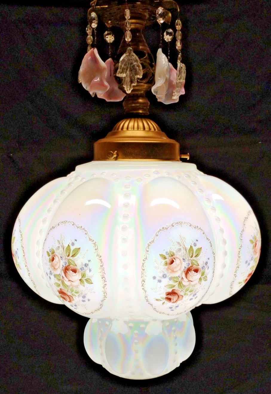 Falkenstein Pink Opalescent Floral Bubble Hanging Swag Lamp Light w/ Crystals