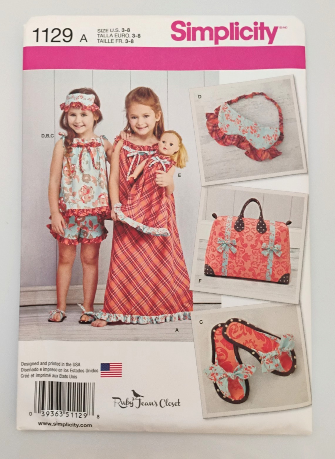 Simplicity Pattern #1129 Girls PJ\'S Nightgown Doll Nightgown Slippers EyeMask Ba