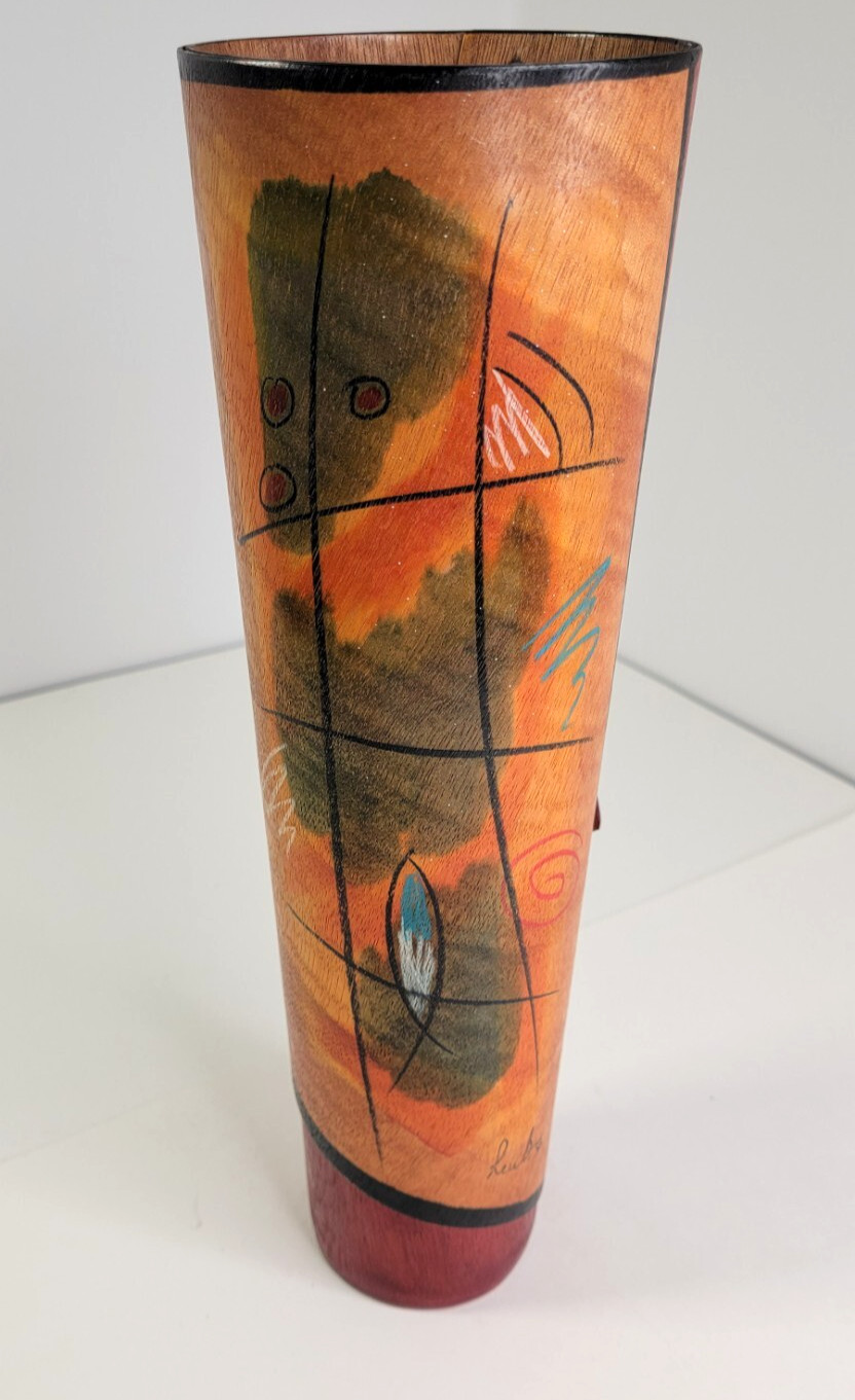 Kakadu Hand Painted Balsa Wood Vase Australia Signed Reut Shahar 13 VTG