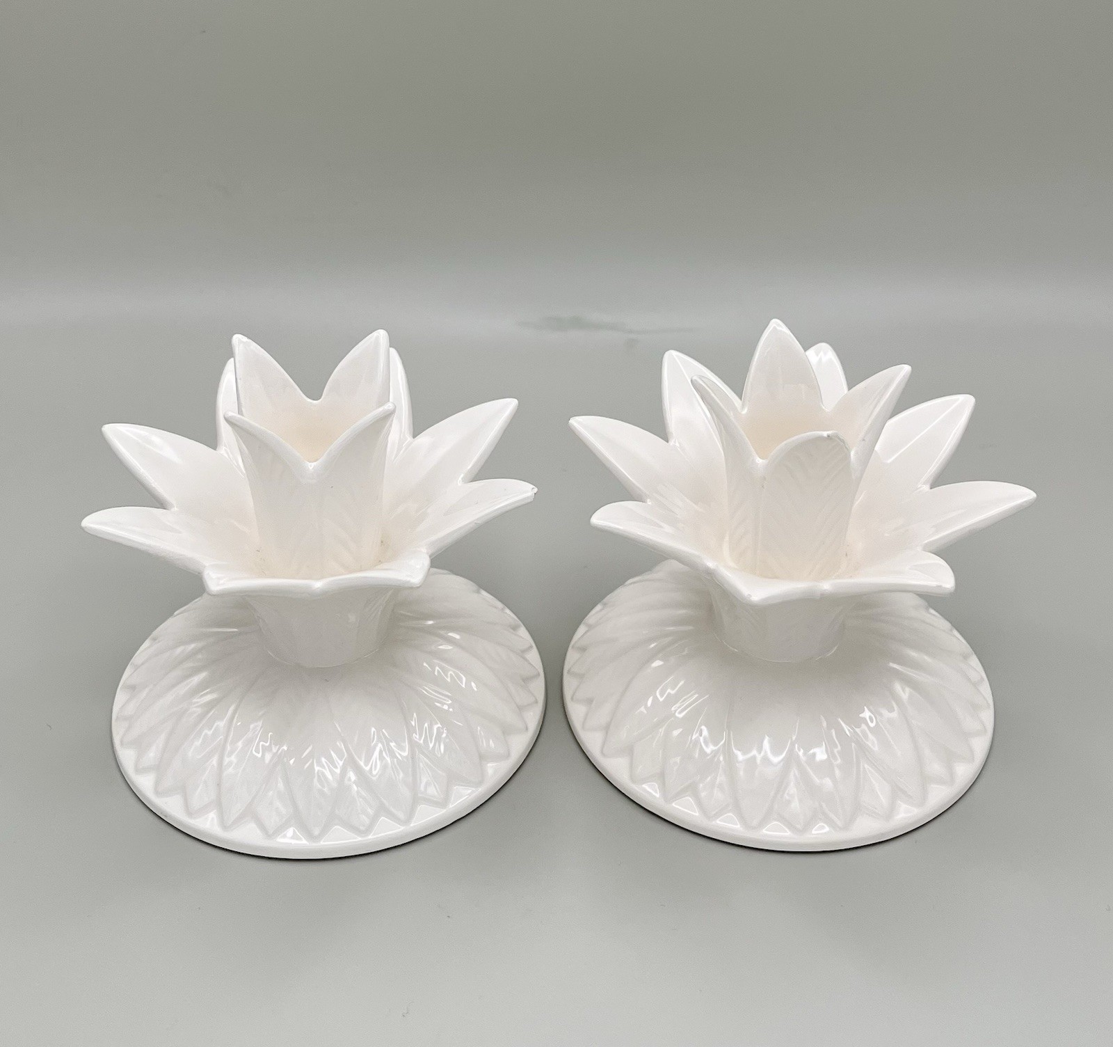VTG Fitz & Floyd 1976 White Ceramic Lotus Flower Candle Holders Hollywood Lily