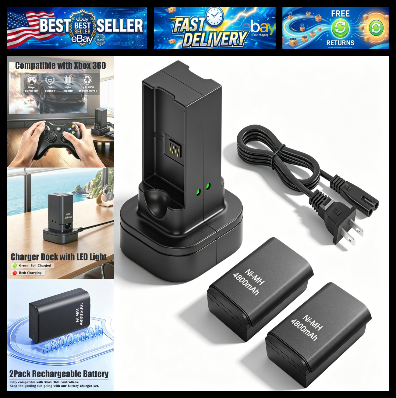 4800mAh Battery Charger Compatible with Xbox 360 Controller Battery Pack