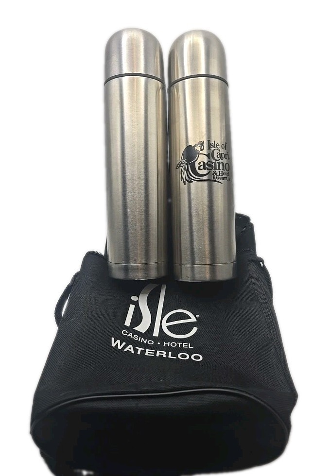RARE Isle of Capri Casino Waterloo 2 Pc Stainless Steel Thermos Set w/ Case NEW