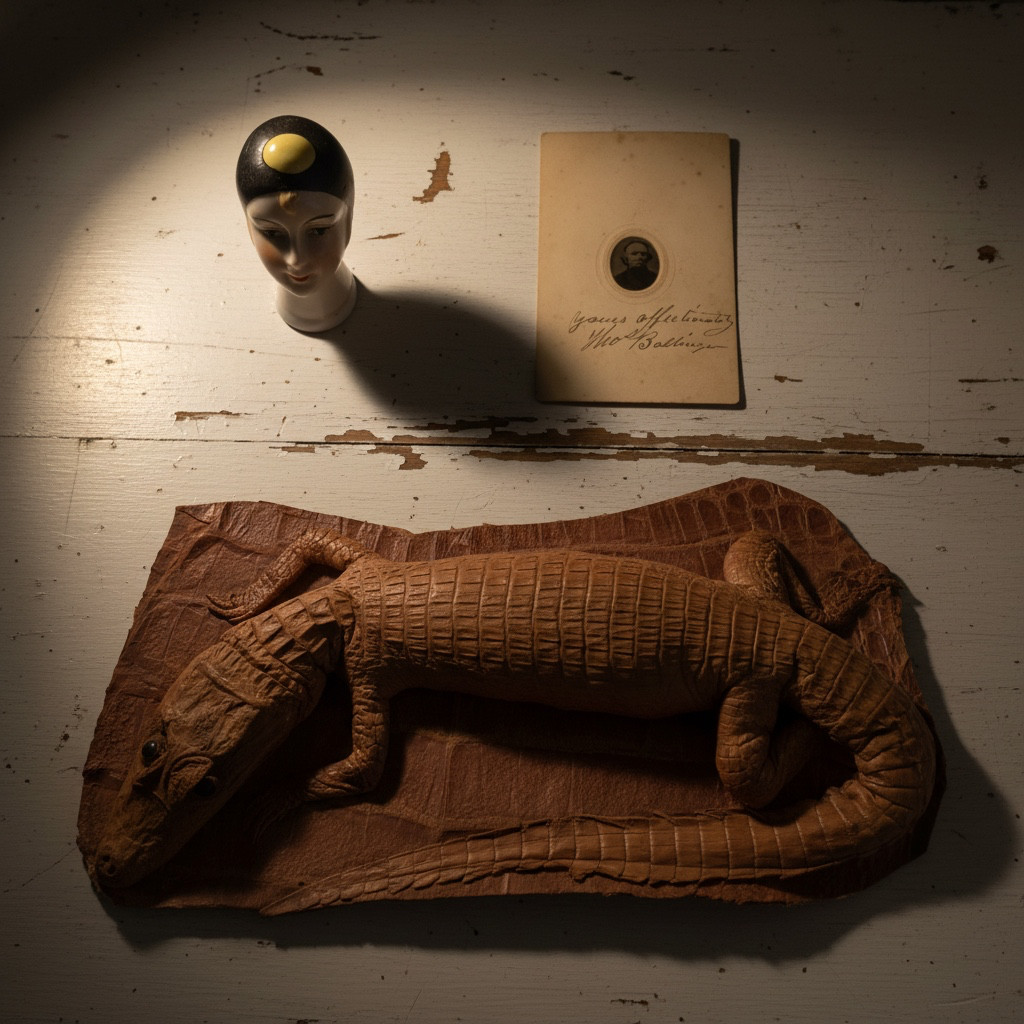 Vintage Oddities Lot, Alligator Taxidermy, Small Antique Photo English Doll Head