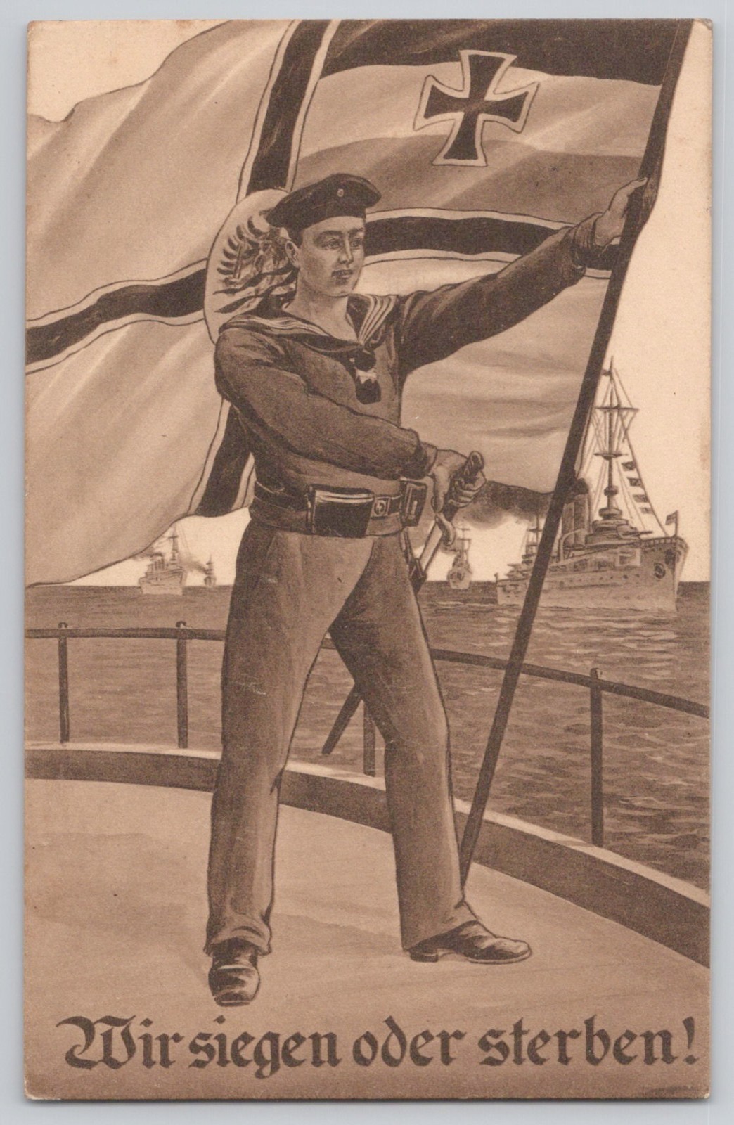 WWI German Navy Feldpost Postcard 1915 Kaiserliche Marine Sailor Warships Flag