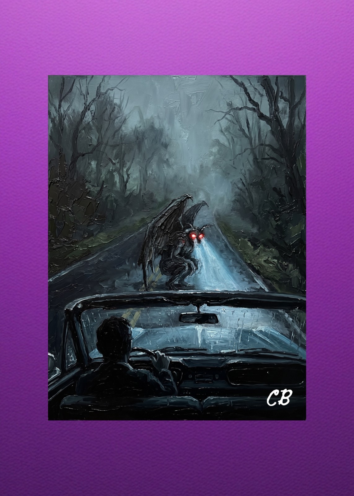 Mothman Highway Encounter ACEO | Cryptid Folk Art | Red Eye Night Road