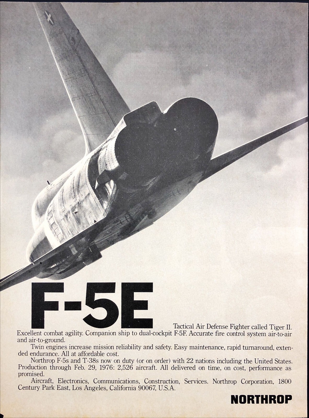 Northrop F-5E Tiger II Jet Fighter Vintage 1976 Print Ad Aviation