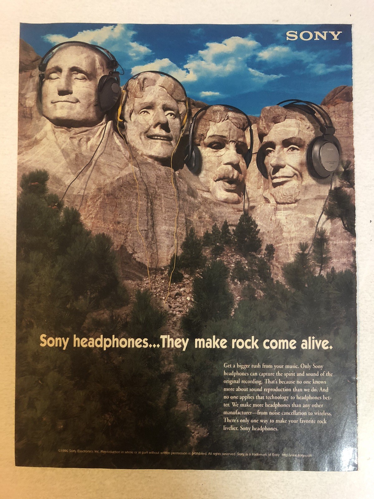 1996 Sony Headphones Mount Rushmore Vintage Print Ad Advertisement pa42