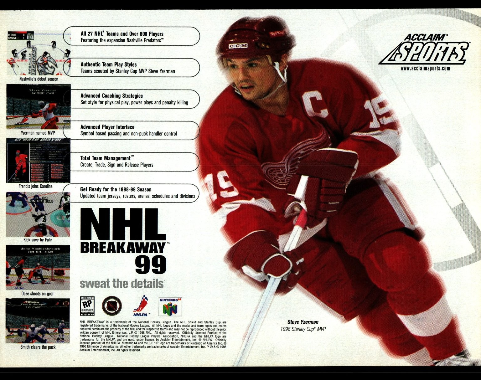 NHL Breakaway 99 Nintendo 64 Magazine Ad Acclaim Sports 1999 Yzerman Print