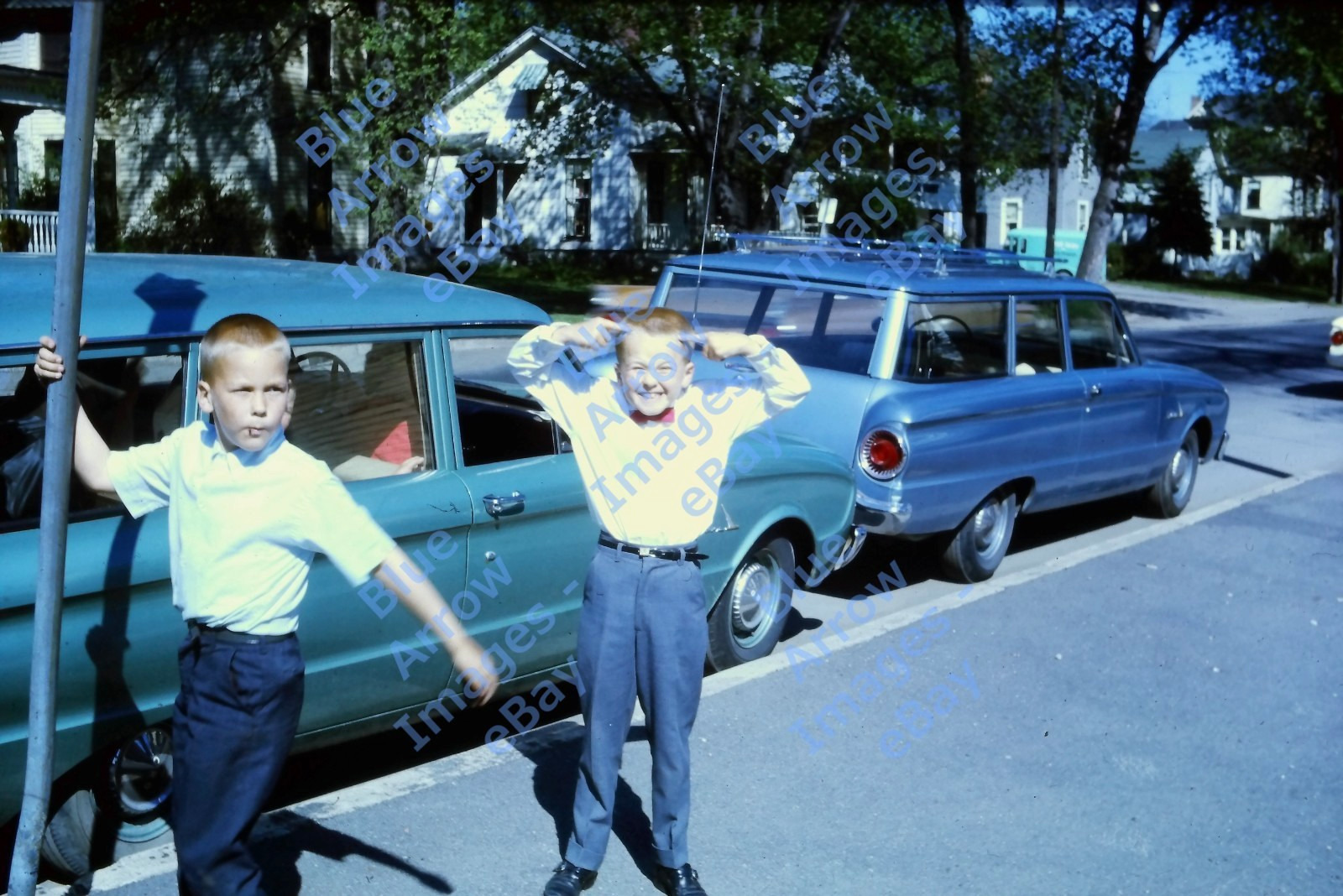 1963 35mm Slide Boys Children Ford Falcon Station Wagon  #17634