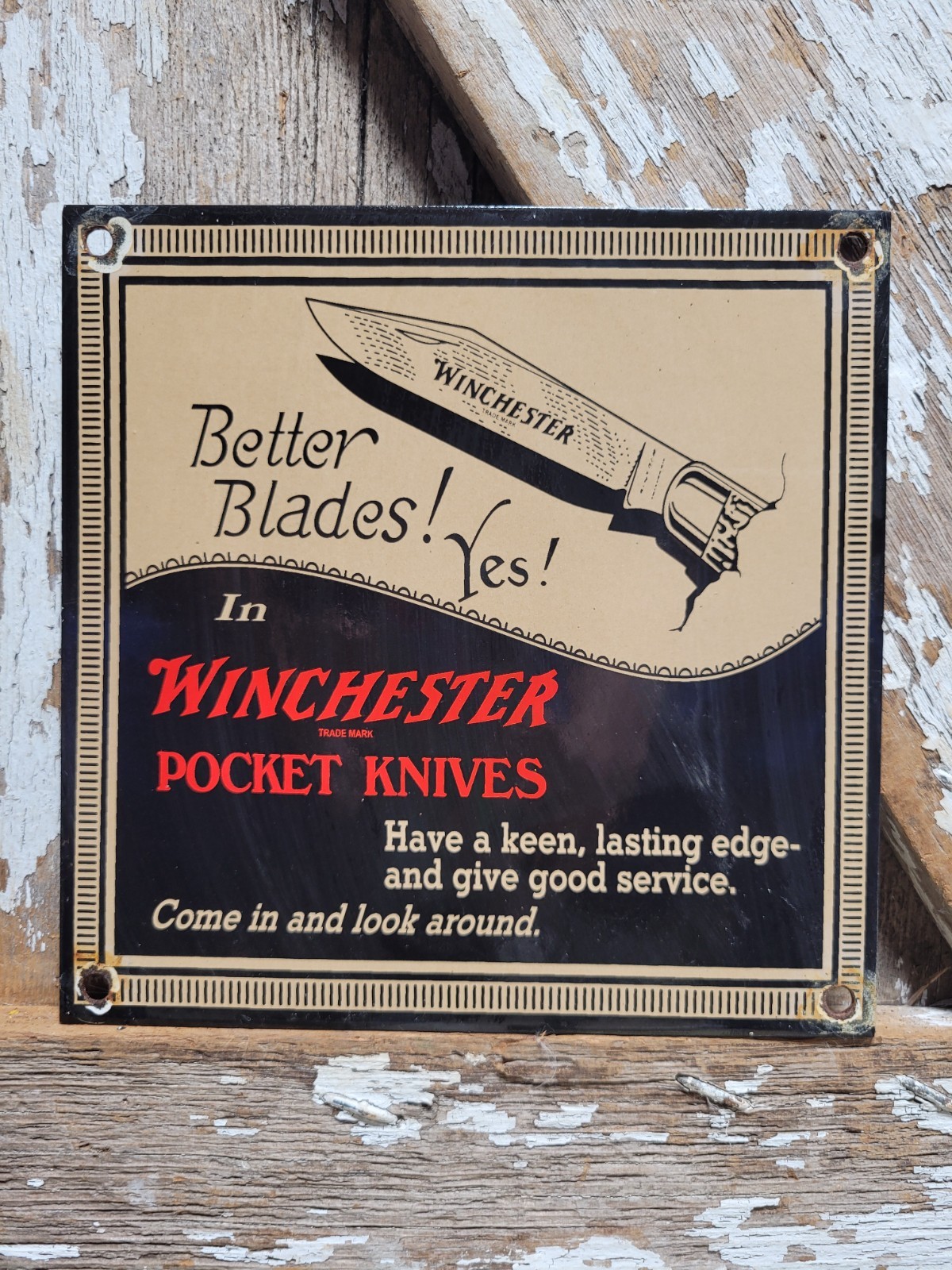 VINTAGE WINCHESTER PORCELAIN SIGN RARE OLD POCKET KNIFE FIREARM GUN AMMUNITION 