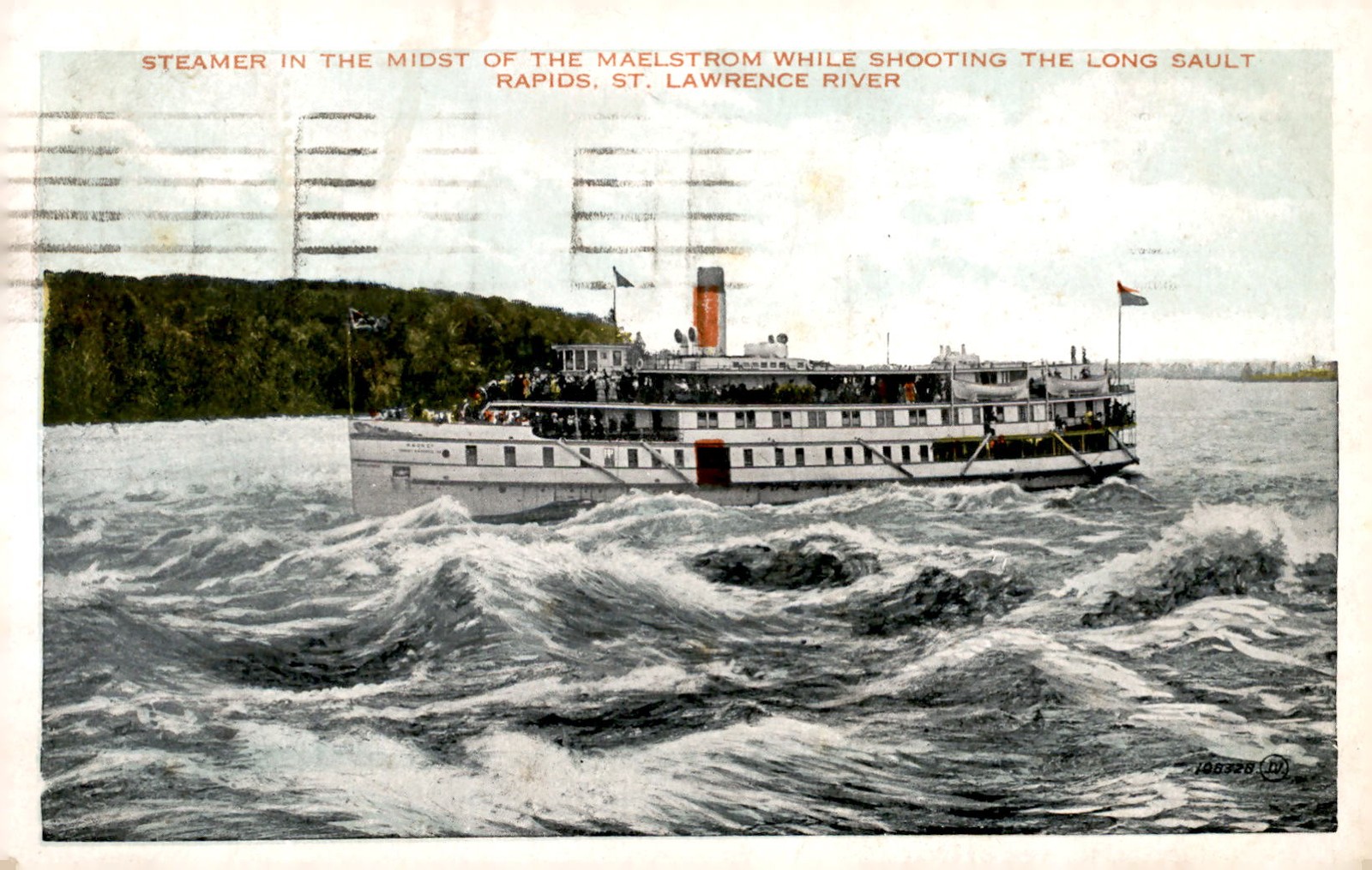Steamer in Maelstrom, Long Sault Rapids, St. Lawrence River, 1929 Postcard