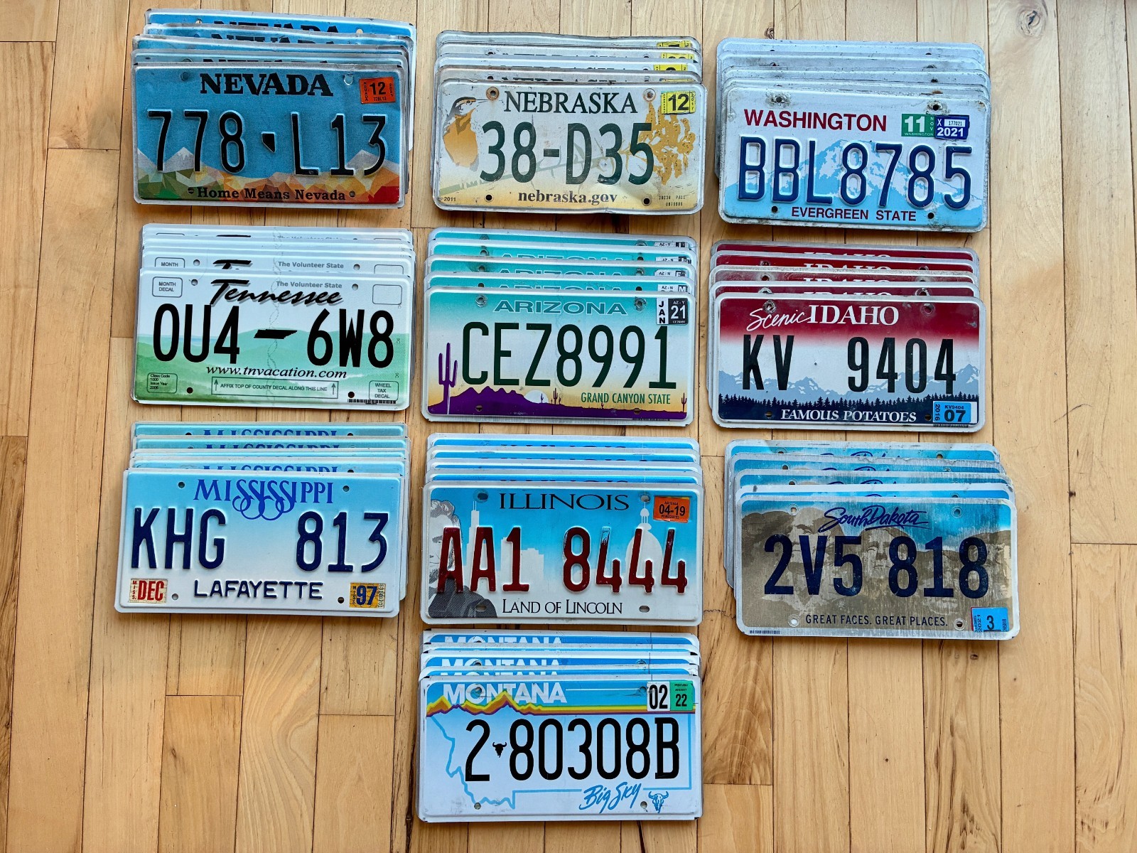 Wholesale Lot of 50 License Plates from 10 Different States - 5 of Each State