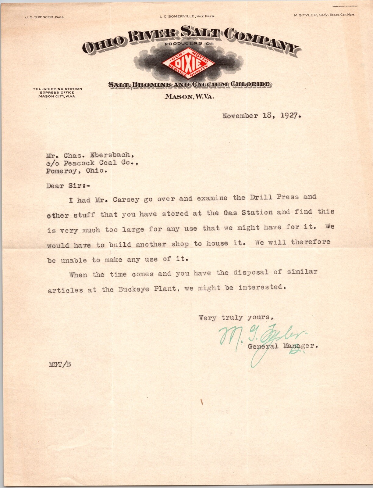 1927 Vintage Letterhead Ohio River Salt Company Mason WVA - Pomeroy Ohio