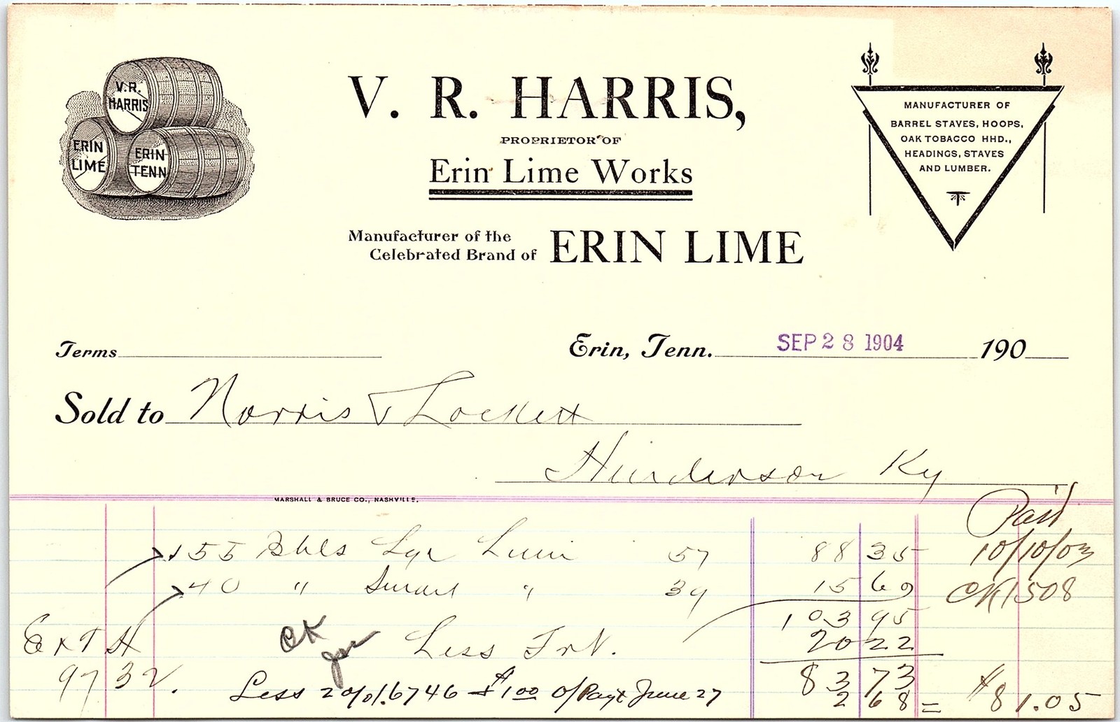 1904 V.R. Harris Erin Lime Works TN Billhead (Lumber/Lime)