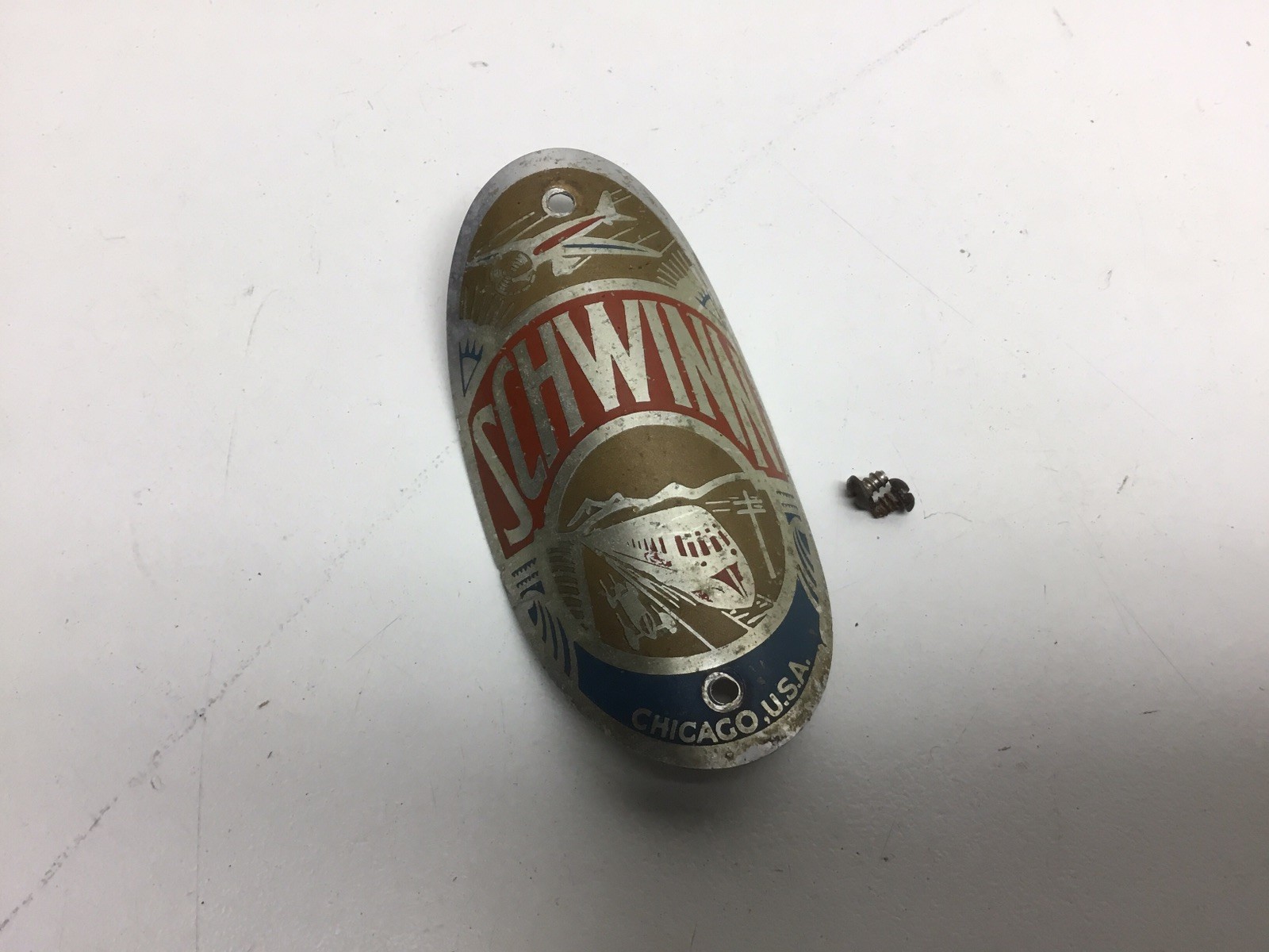 Vintage Arnold Schwinn Co. Planes Trains Bicycle Headbadge & Screws 