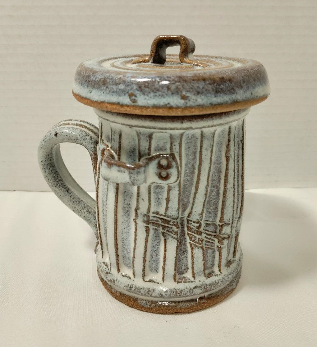 Vintage 1981 Pandemonium Trash Garbage Can Mug Stoneware Coffee Cup Lid Pottery