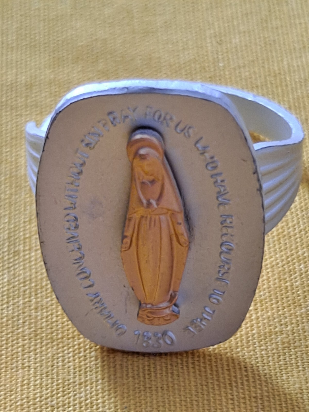 Vintage Adjustable German Miraculous Medal Of Mary Ring Aluminum