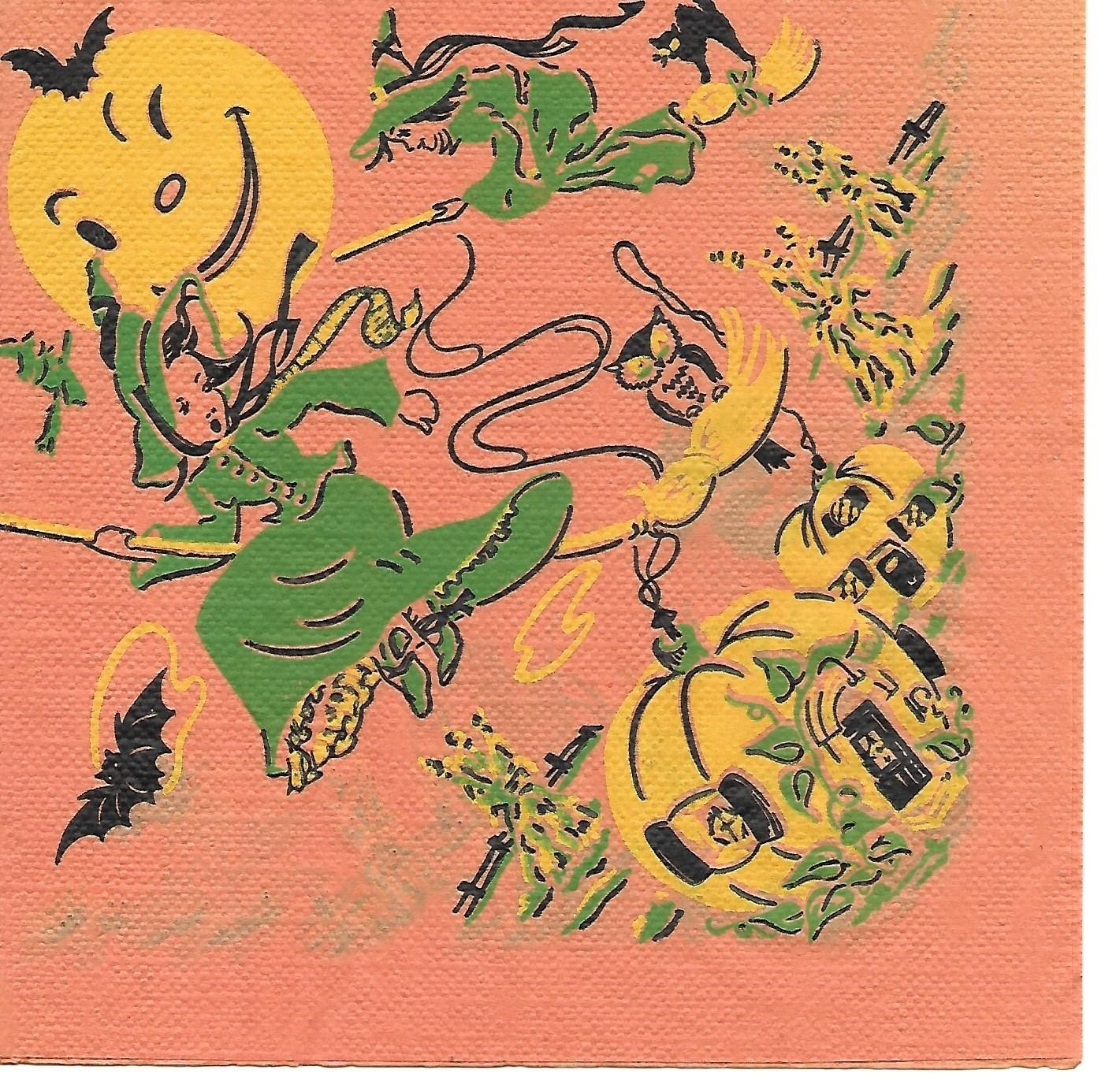 Vintage REED Crepe Paper Halloween Napkin ~ Young Witch in Green, JOL, Moon, Bat